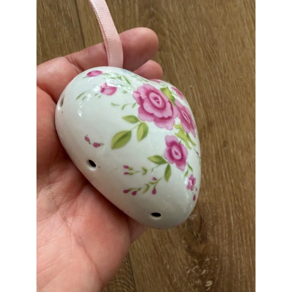 Vintage Porcelain Heart Pomander Pink Rose Floral Scent Diffuser Ornament Taiwan